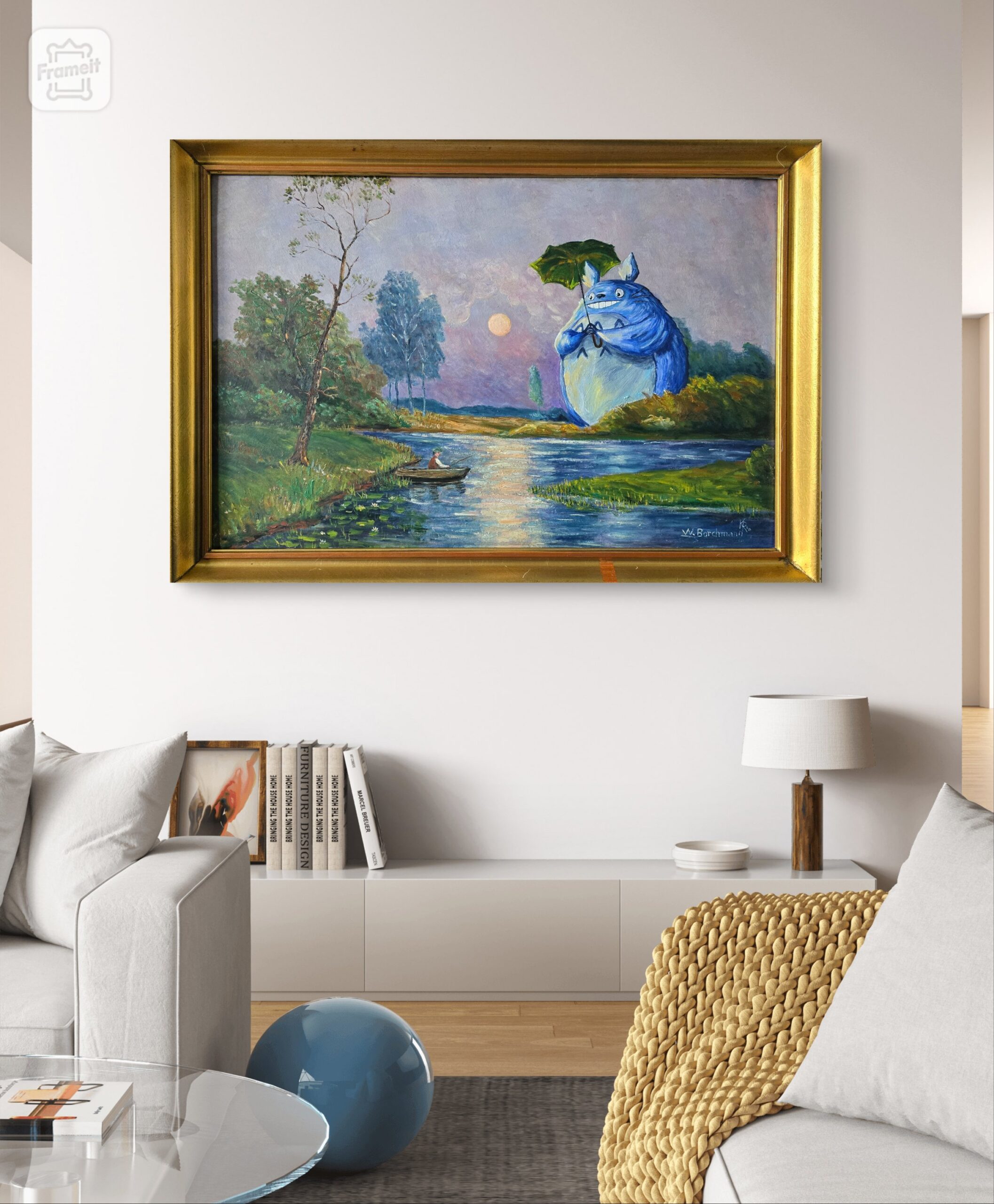 Verkauft - Totoro und der Fischer - Original Upcycling Bild